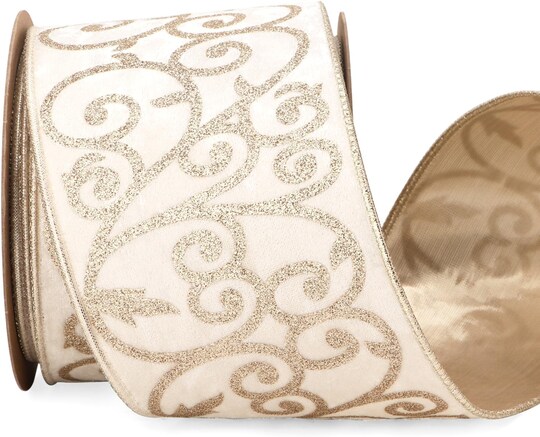Ivory Velvet Ribbon Wired with Glitter Swirl 4 Inch Christmas Ribbon